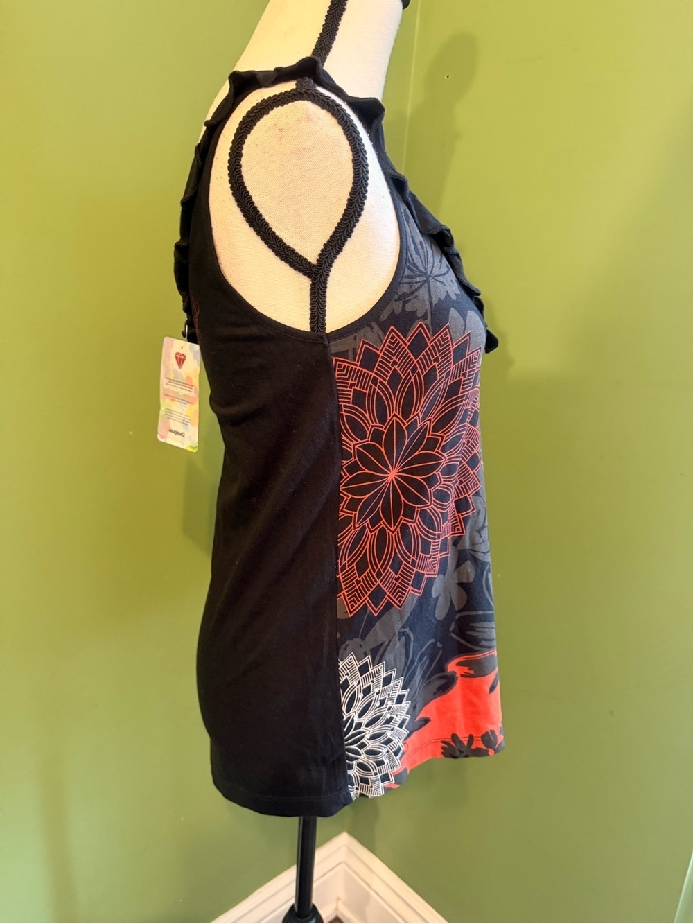 Desigual Black Floral V-Neck Camisole with Red and Gray Motif - Picture 6 of 11